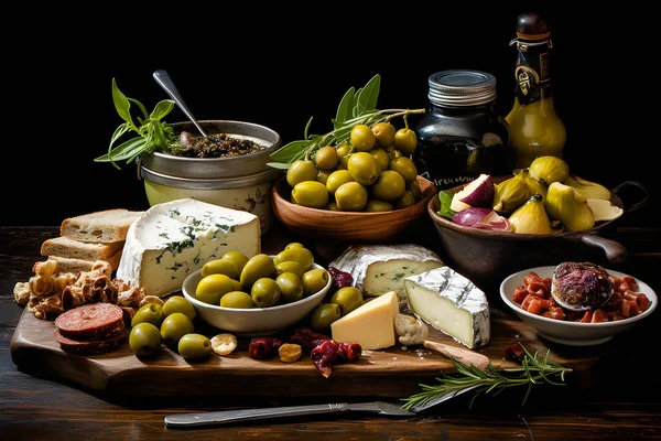 Talyan Şarabıyla Akdeniz Aperatifleriyle Gidecek Aperatifler Fırça Peynir Çeşidi Zeytin — Stok fotoğraf