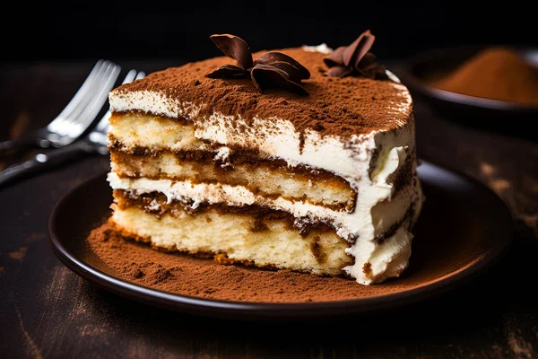 A piece of delicious layered honey cake with chocolate sprinkles on a dark background. Classic Italian tiramisu cake