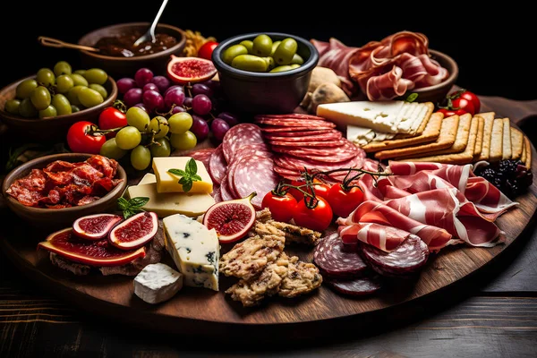 Snacks with various meat snacks, cheese, figs, grapes on a wooden plate. Cheese plate