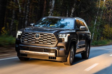Novosibirsk, Rusya - Ekim 06, 2023: gri Toyota Sequoia, parkta SUV, yan görüş