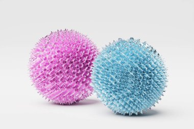 3D dalgalı floresan pembe ve mavi küreler. Soyut şekiller. Yanardöner parlak dalgalar. 3d illüstrasyon.