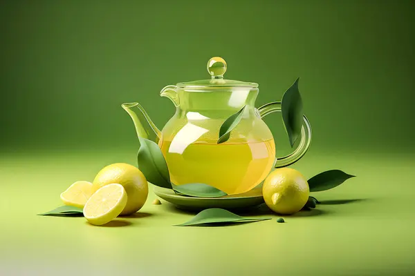 Transparent teapot with green tea on a light background , 3 illustration, generated ai