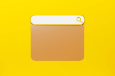 Üç boyutlu illüstrasyon, sarı arka planda arama çubuğu tasarım elemanı. Web sitesi ve kullanıcı arayüzü, mobil uygulamalar için arama çubuğu.
