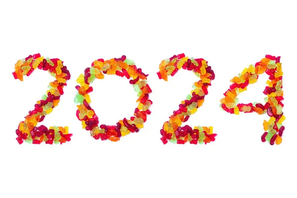 Cabecera Del Calendario Número 2024 Hecha Alubias Gelatinosas Multicolores Sobre —  Fotos de Stock