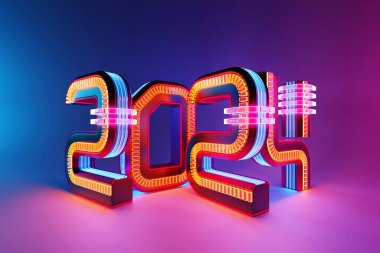 Hoş geldin yaratıcı kavram 2024. Neon lambalı mutlu yıllar 2024. Renkli arkaplan, 3B illüstrasyon üzerine göze çarpan 3B metin