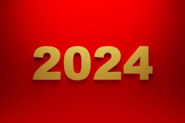 2024 yılbaşı kartı ve kırmızı arka planda 3D gerçekçi yıl numarası. Üç boyutlu illüstrasyon. Hacim rakamları 2024 bir açı, Yeni Yıl kutlamaları için metin alanı, kurumsal afiş