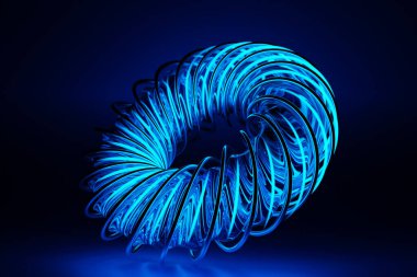 Siyah arkaplanda renkli, neon ışıklı torus şeklinin 3 boyutlu çizimi