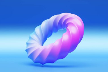 Gelecekçi neon pembe ve mavi Torus çöreği. Mavi arkaplanda 3B biçimlendirme, torus geometrisi şekli