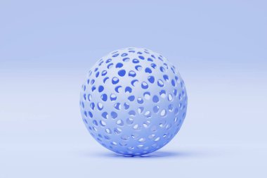 3D illustration of a   blue  sphere  with many  faces and holes   on a  blue   background.  Cyber ball sphere