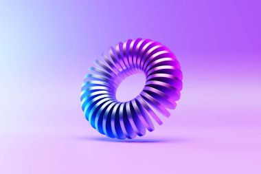Gelecekçi neon renkli Torus çöreği. Pembe arkaplanda 3 boyutlu biçimlendirme, torus geometrisi