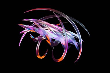 Siyah arkaplana karşı soyut şekil, üç boyutlu illüstrasyon. Pürüzsüz şekillendirilmiş, rengarenk şekiller iç içe geçmiş. 