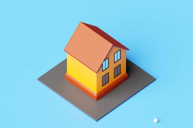 Bir kır evinin 3 boyutlu modeli, mavi yenilemeli bir ataerkil evde izole edilmiş. Şirin kır evi. Asgari 3d Gayrimenkul çizimi.