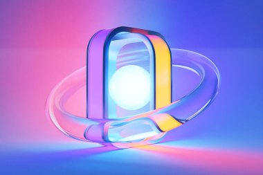 3D illüstrasyon. Mavi ve pembe arkaplanda ışık şekilleri, desen. Geometri arkaplanı