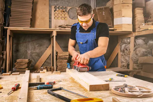 Experienced Carpenter Work Clothes Small Buiness Owner Working Woodwork Workshop — Stock Photo, Image