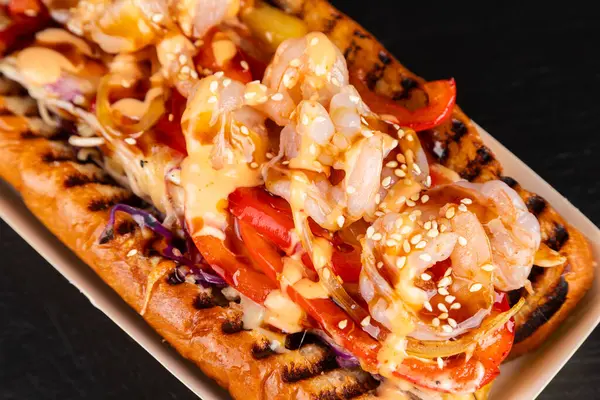 Gourmet Grilled Hot Dogs Shrimp Sauce Peppers Onions Fries Fresh — Stock Photo, Image