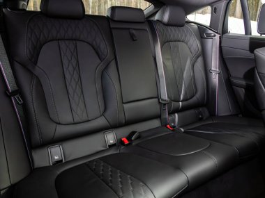 Novosibirsk, Rusya - 20 Kasım 2023: BMW X6, temiz araba içi: siyah arka koltuklar, başlıklar ve kemer