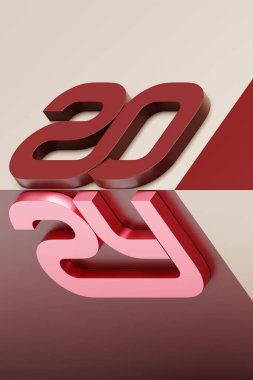 3D illüstrasyon Mutlu yıllar 2024 arkaplan şablonu. 2024 sayısının 3 boyutlu tatil hacmi illüstrasyonu. Bayram posteri ya da afiş tasarımı. Modern mutlu yeni yıl geçmişi