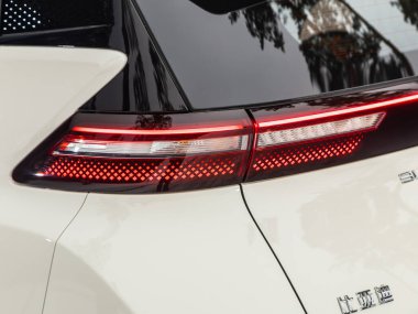 Novosibirsk, Rusya - 20 Kasım 2023: BYD Martı, LED stop lambasının birini kapat. Harici ayrıntılı otomobil.