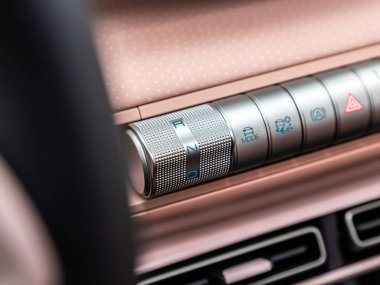 Novosibirsk, Rusya - 20 Kasım 2023: BYD Martı, vites kutusu kolu arabada