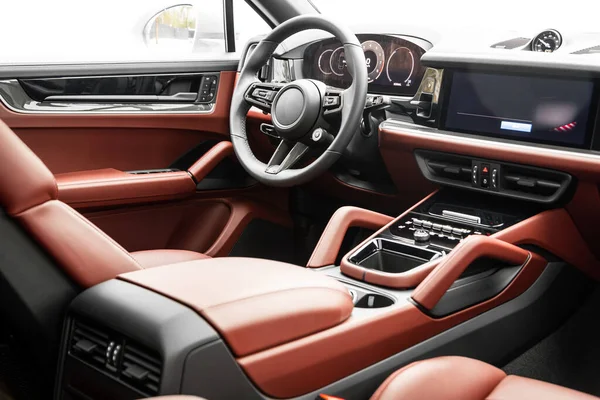 Interior New Modern Suv Car Steering Wheel Shift Lever Dashboard — Stock Photo, Image