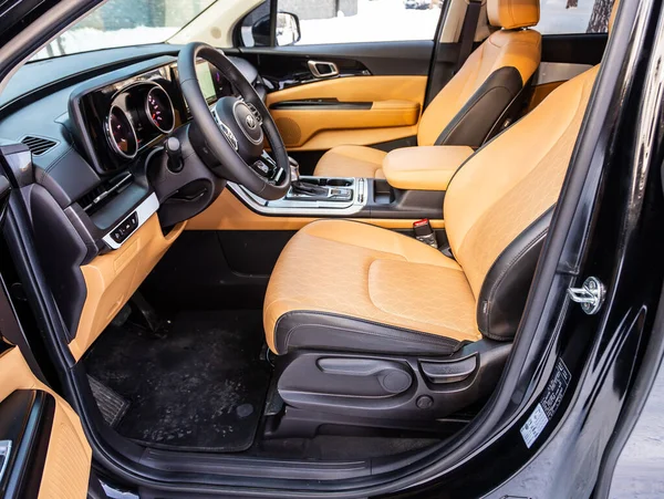 stock image Novosibirsk, Russia -  December 07  , 2023:  Kia Carnival,  Interior of new modern SUV car with automatic transmission, dashboar