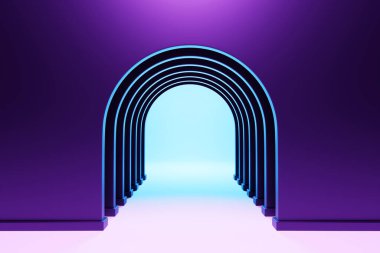 Gerçekçi mor kemerli kapı. Ürünlerin sergilenmesi ve tanıtımı için asgari sahne. 3d illüstrasyon