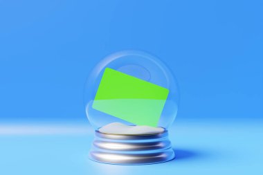 Açık arkaplan notları için beyaz bir çarşafla podyumda gerçekçi cam küresel top. 3d illüstrasyon