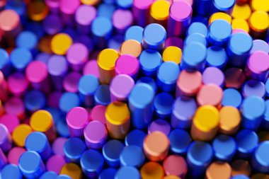 Abstract hexagonal background with depth of field effect, 3d illustration. A large number of multi-colored hexagons. Honeycomb, 3d panel.