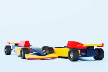Mavi izole edilmiş arka planda renkli bir yarış oyuncağı arabasının üç boyutlu çizimi.  