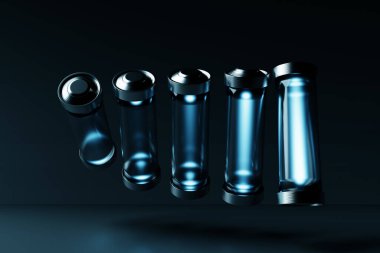 Koyu arkaplandaki mavi pillerin üç boyutlu bir çizimi. Enerjiyi kullanmanın güvensiz bir yolu.