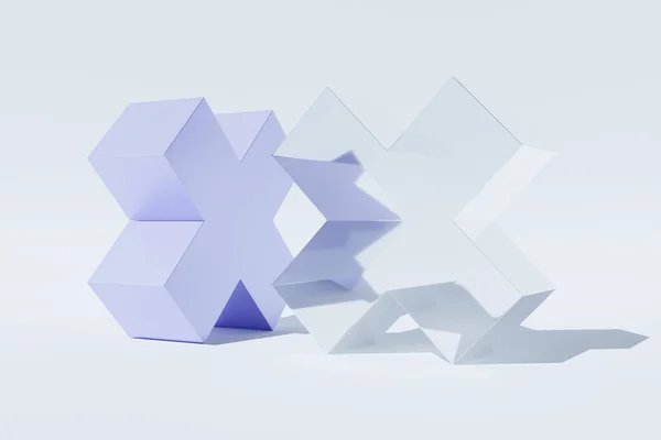 3D illustration of a  white and blue  cross shapes  under  white background. Fantastic  shape .Simple geometric shapes