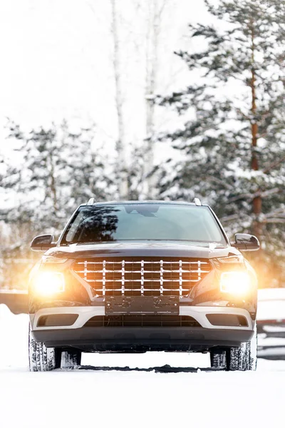 Modern Black Four Wheel Drive Suv Parked Side Winter Road — Stock Photo, Image