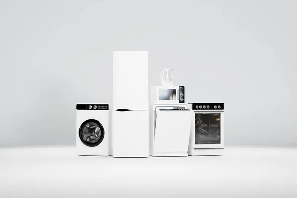 Appliances Set Household Kitchen Appliances Isolated Grey Refrigerator Electric Stove — Stock Photo, Image