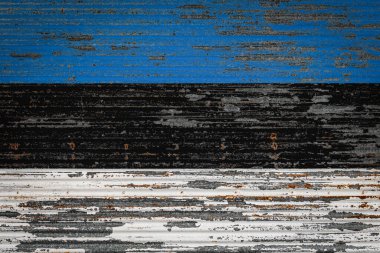 Estonya bayrağıyla birlikte eski metal duvara yakın plan. Estonya ihracat-ithalat kavramı, mal depolama ve ulusal mal teslimatı. Grunge tarzında bayrak