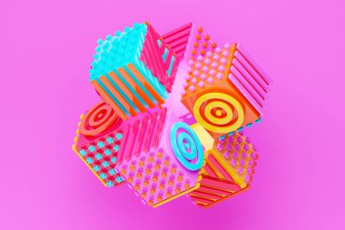 Her iki tarafında farklı geometrik desenleri olan üç boyutlu çizim, üç boyutlu illüstrasyon..