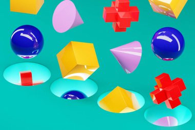 Bir portala düşen çok renkli geometrik şekillerin üç boyutlu çizimi 