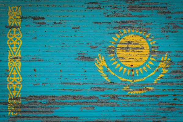 Kazakistan Bayrağıyla Birlikte Eski Metal Duvara Yakın Plan Kazakistan Ihracat — Stok fotoğraf