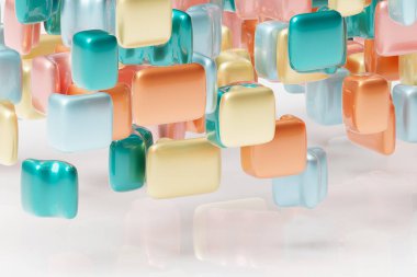 Monocrome arka planındaki renkli şekillerin üç boyutlu çizimi, desen. Geometri arkaplanı