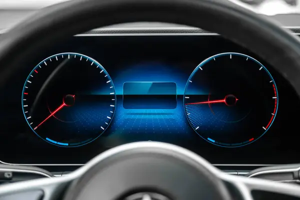 Close Shot Car Digital Speedometer Modern Light Car Mileage Dashboard — Stock Photo, Image