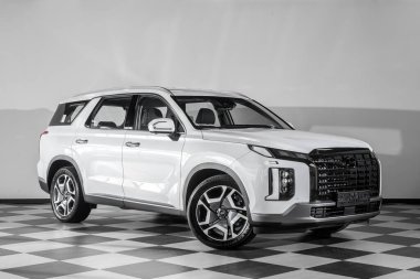 Novosibirsk, Rusya - 13 Şubat 2024: Beyaz Hyundai Palisade, ön manzara, arka planda park