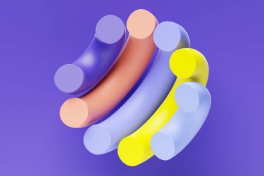 Özdeş parçalardan oluşan bir artı kürenin soyut bileşimi. Dijital illüstrasyonun üç boyutlu canlandırması. Soyut şekil şablonu