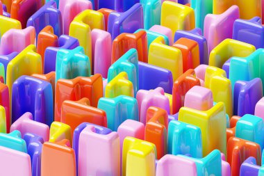 Çeşitli figürlerin soyut bileşimi. Dijital illüstrasyonun üç boyutlu canlandırması. Soyut çizgi kesişme deseni