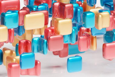 Çeşitli figürlerin soyut bileşimi. Dijital illüstrasyonun üç boyutlu canlandırması. Soyut çizgi kesişme deseni