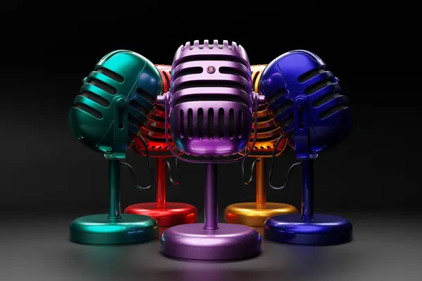 Colorful Metal Retro Microphones Black Background Close View Live Show — Stock Photo, Image