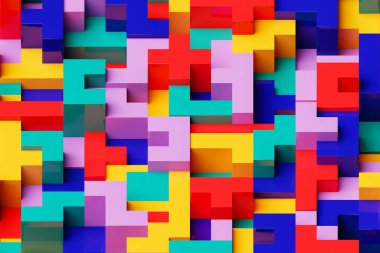 Şekilleri olan renkli ve soyut bir arkaplan. Duvar kağıdı, afiş, sunum, arkaplan şablonu. 3B illüstrasyon