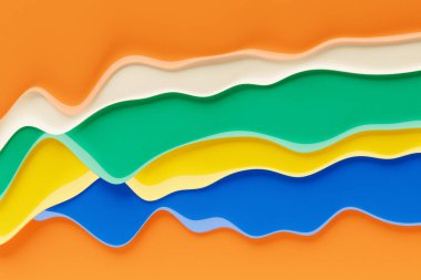 Turuncu arka planda üç boyutlu, soyut renkli dalga çizgileri. Yaratıcı duvar kağıdı