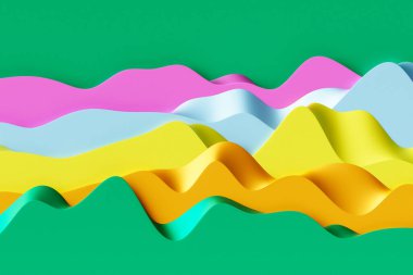 Yeşil zemin üzerinde üç boyutlu, soyut renkli dalga çizgileri. Yaratıcı duvar kağıdı