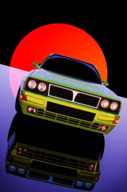 80 'lerin tarzı süper arabalı bilim kurgu geçmişi. Gelecekçi retro araba. 3d retro futuristik synthesizer illustration in 1980s poster style.