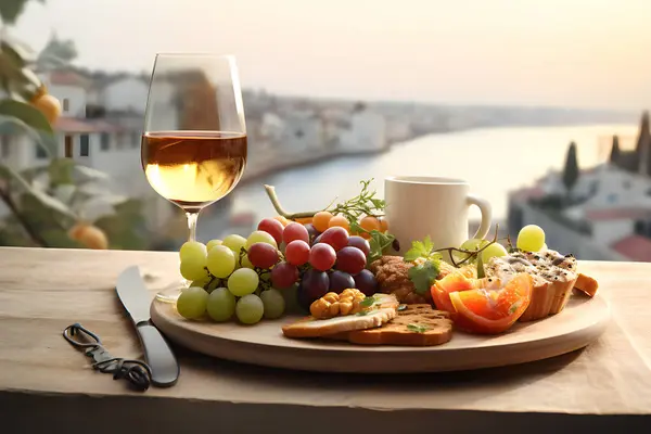 享乐主义的葡萄酒和新鲜葡萄果实的组合 背景美丽的风景 由Ai产生 3D插图 — 图库照片
