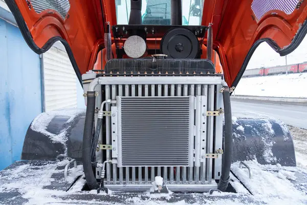 Novosibirsk Russia February 2024 Orange Tractor Close Tractor Engine — Stock Photo, Image